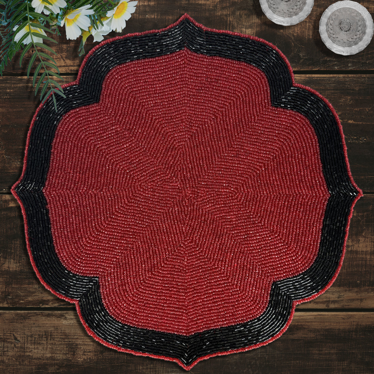 Decozen Deep Red and Black Beaded Placemats for Dining Table - Set of 2-14 Inches for Kitchen Decor Scratch Heat Resistant Charger Durable Tablemats