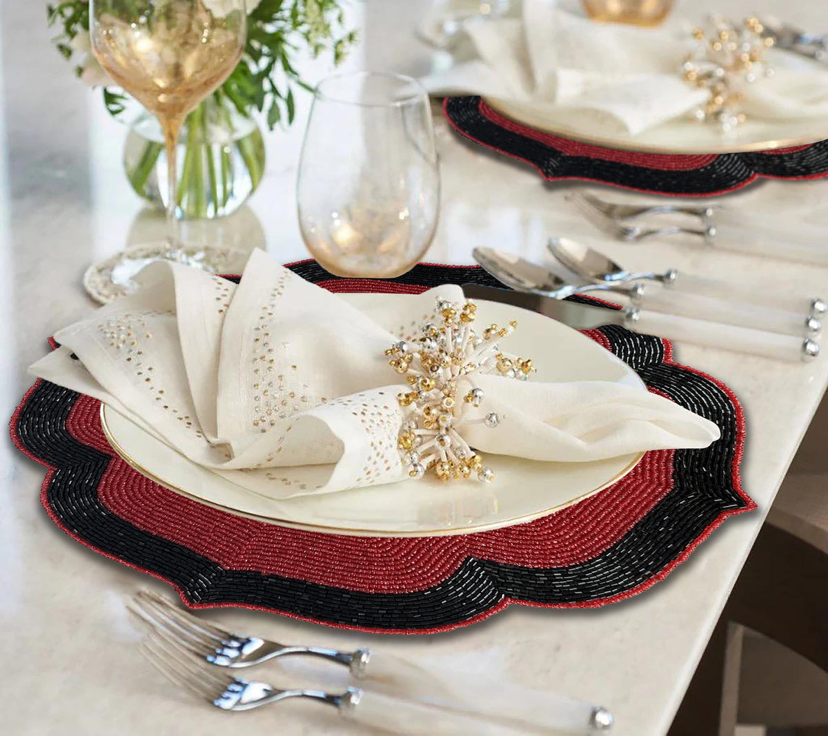 Decozen Deep Red and Black Beaded Placemats for Dining Table - Set of 4-14 Inches for Kitchen Decor Scratch Heat Resistant Charger Durable Tablemats