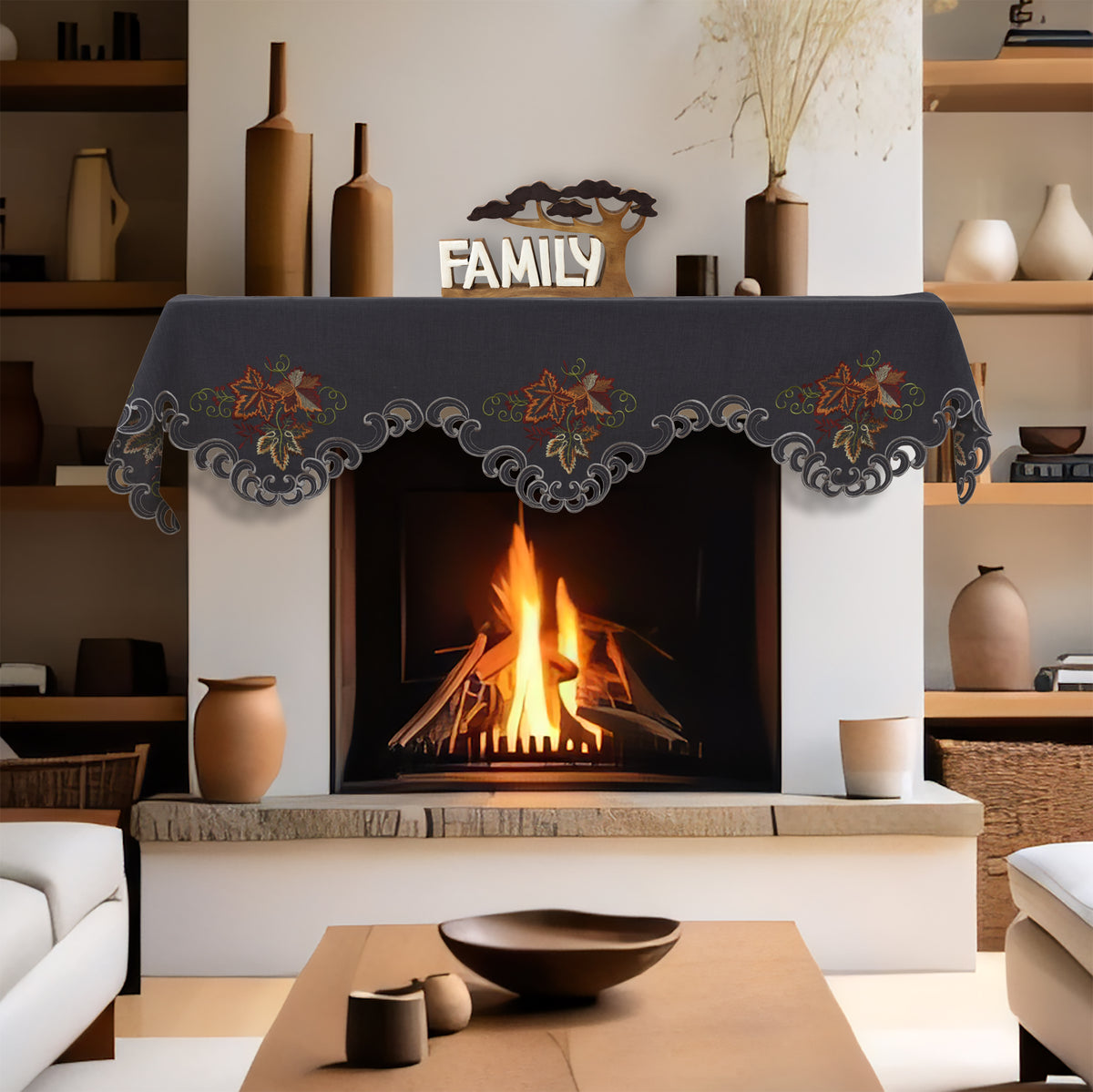 Decozen Charcoal Gray Mantel Scarf Cover - Intricate Cutouts Embroidery for Fireplace Kitchen Dining Room Home Decor - 18 x 90 inches - The Charcoal Fleur Collection