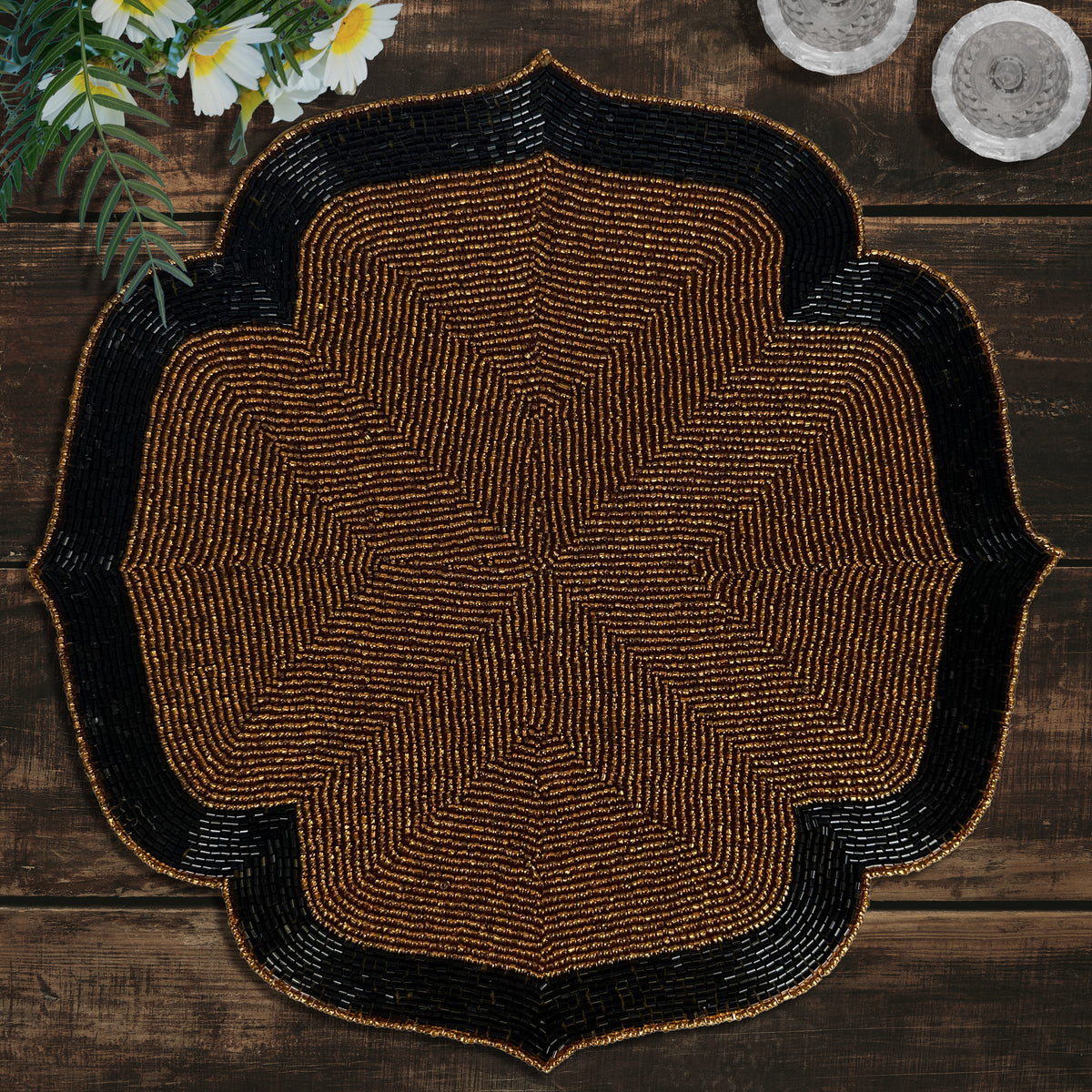 Decozen Dark Brown and Black Beaded Placemats for Dining Table - Set of 2-14 Inches for Kitchen Decor Scratch Heat Resistant Charger Durable Tablemats