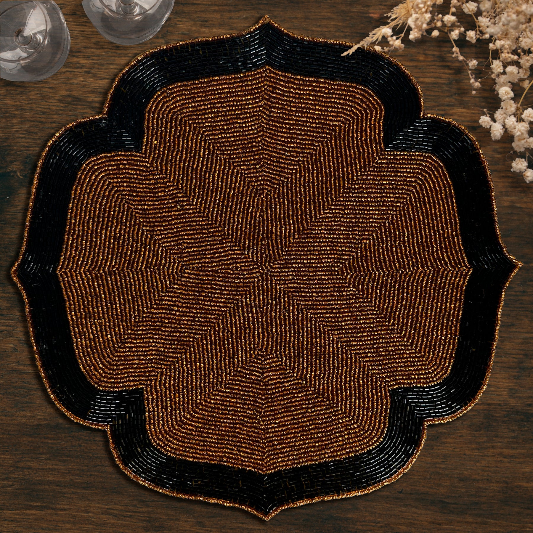 Decozen Dark Brown and Black Beaded Placemats for Dining Table - Set of 4-14 Inches for Kitchen Decor Scratch Heat Resistant Charger Durable Tablemats