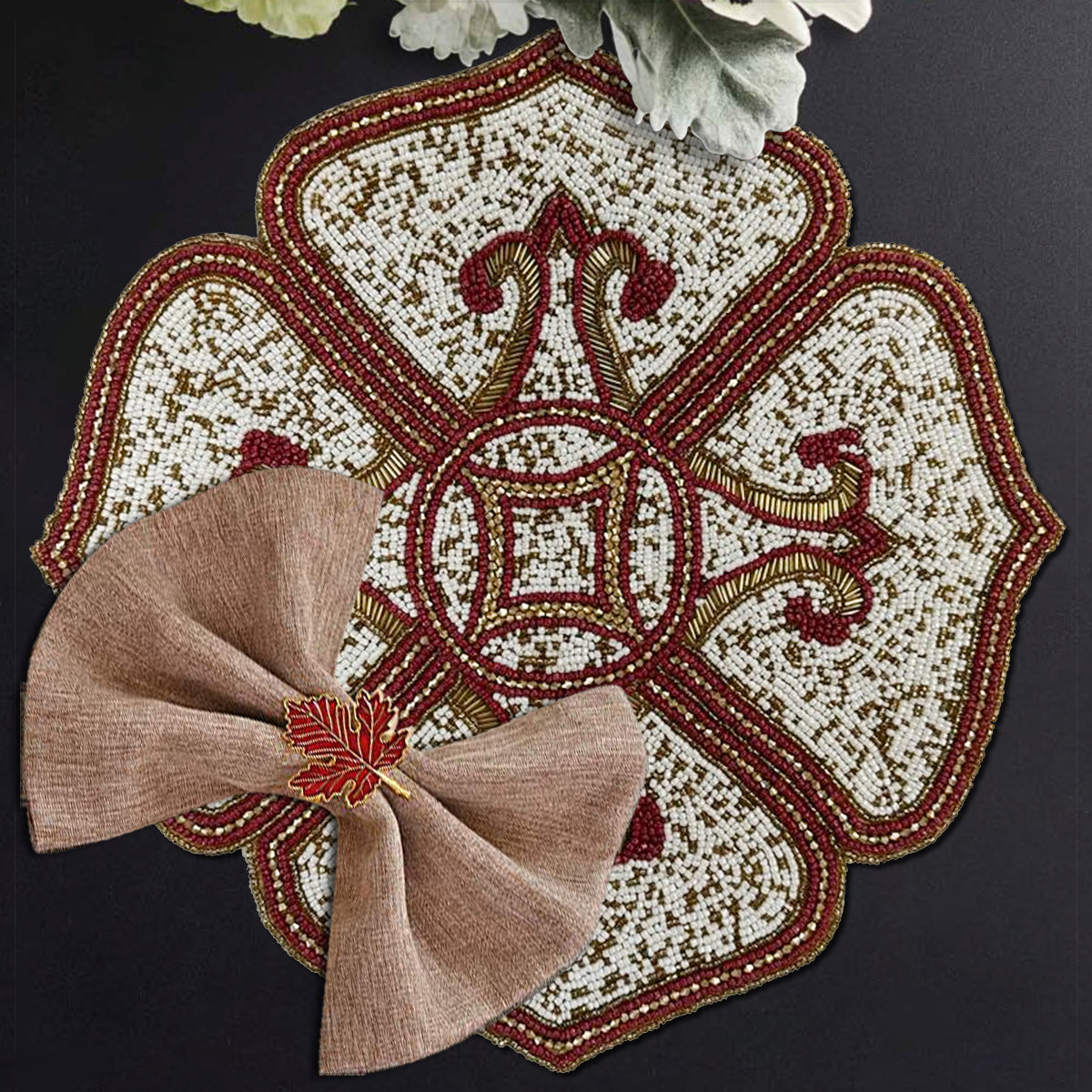 Gold Red White Beaded Placemats - Decozen