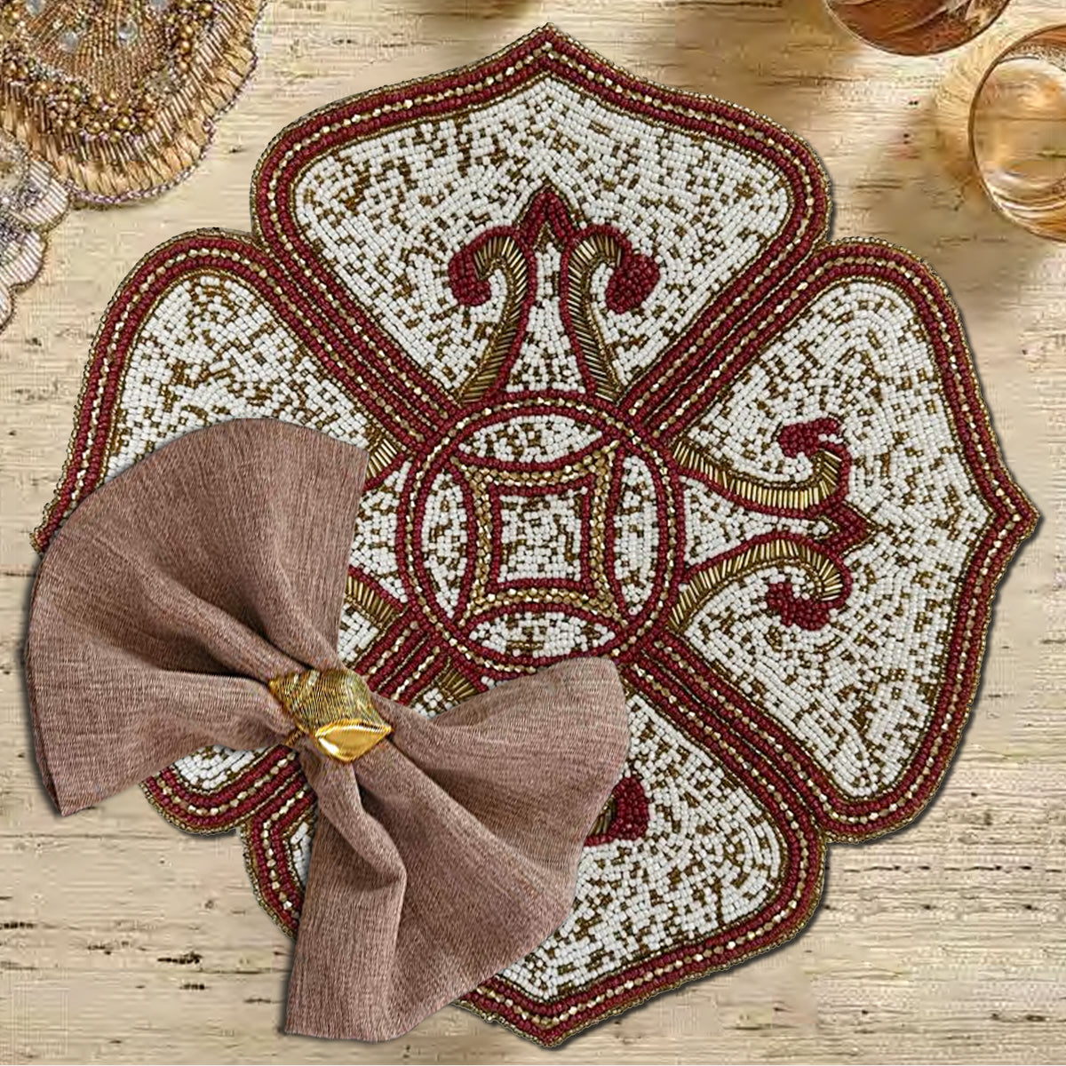 Gold Red White Beaded Placemats - Decozen