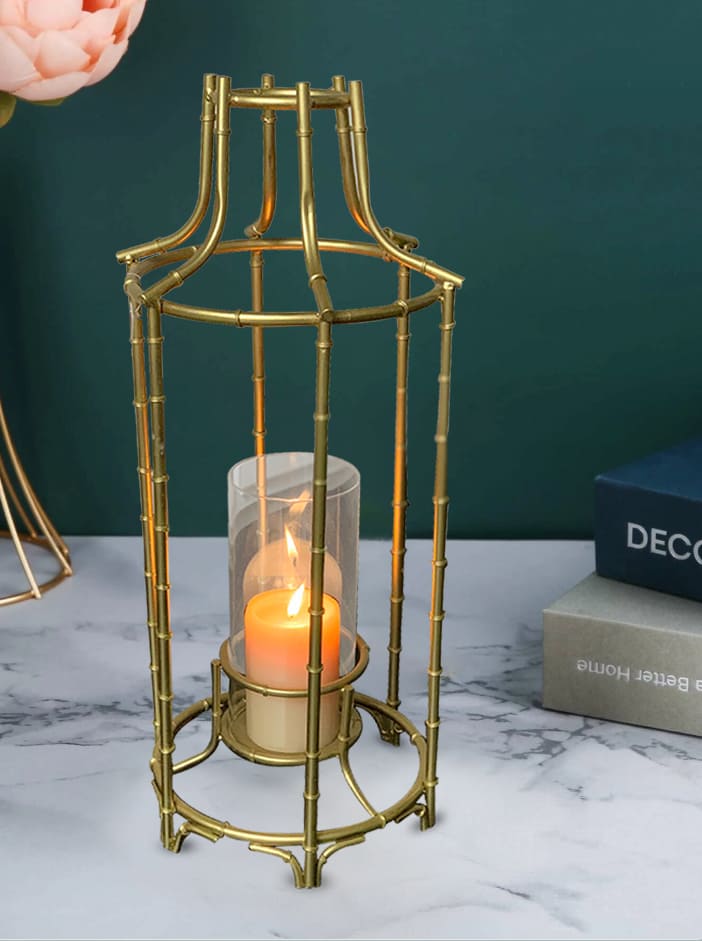 Gold Metal Frame and Glass Candle Holder Lantern - Decozen