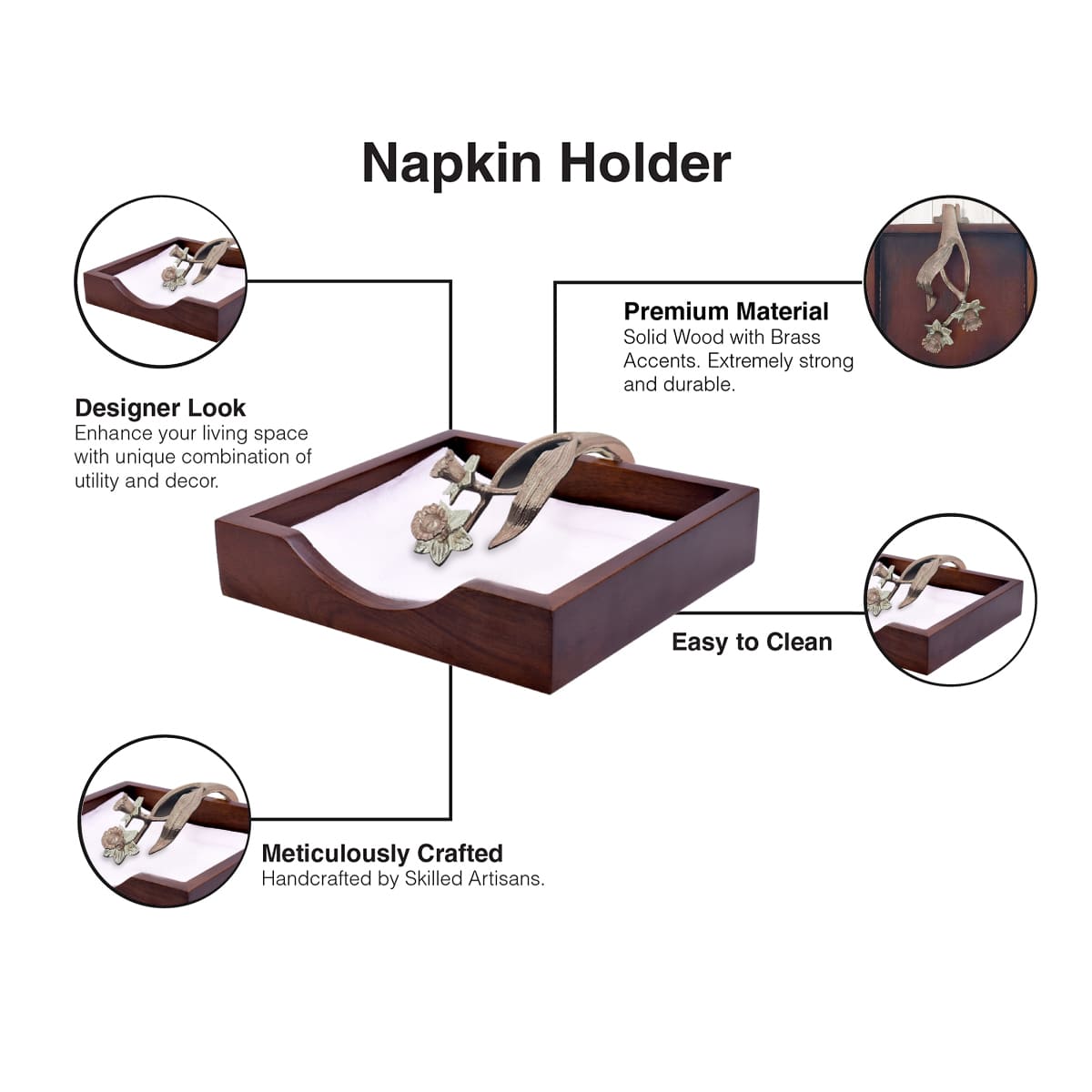 Solid Wood Napkin Holder with Rose Gold Finish Ornament - Decozen