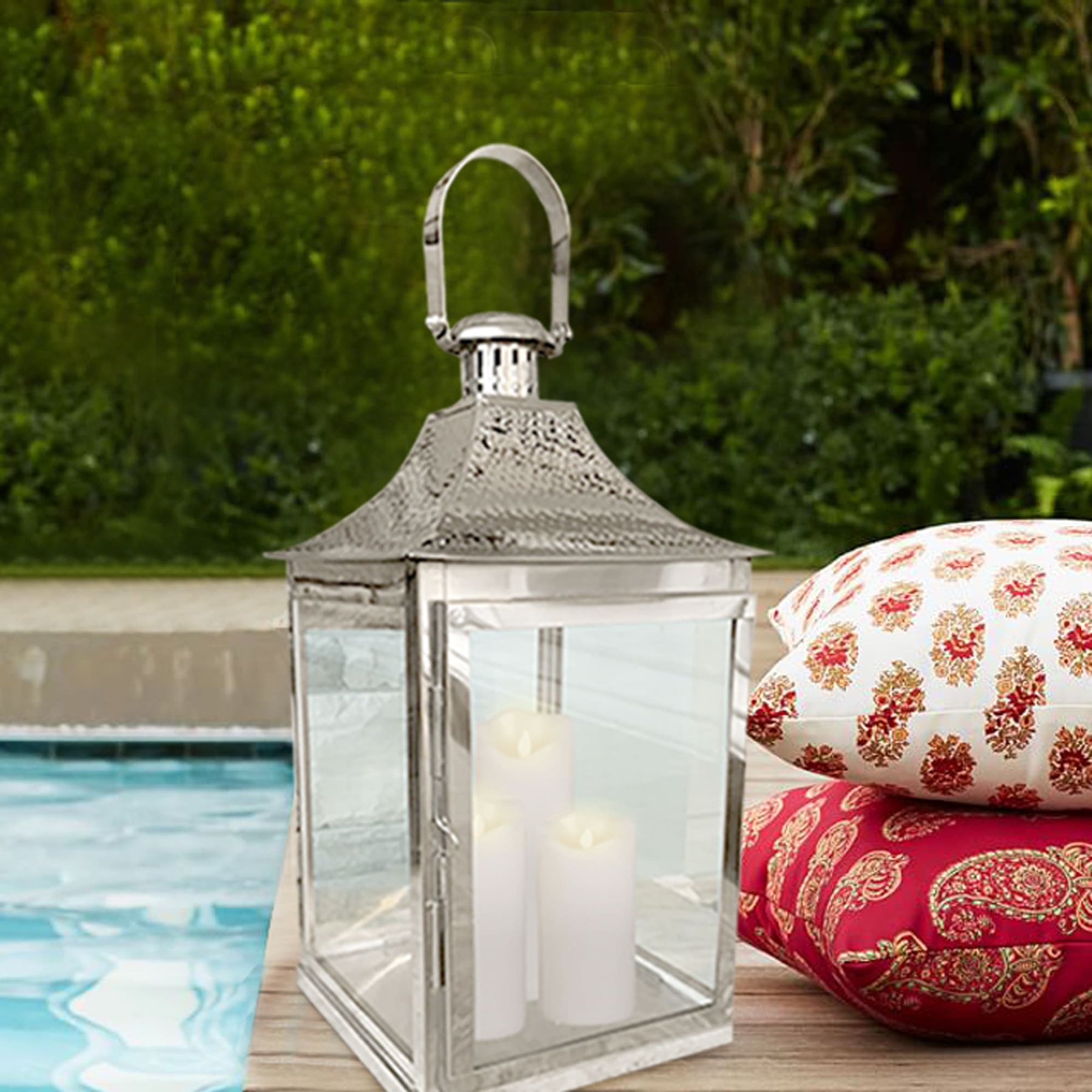 Silver Metal Frame and Glass Candle Holder Lantern - Decozen