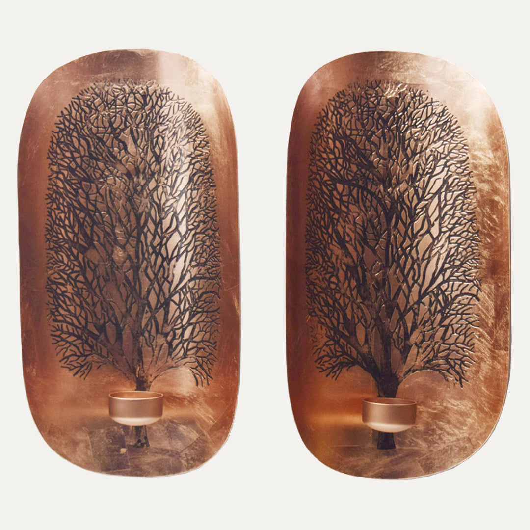 Copper and Gold Wall Candle Sconces with Tree of Life Design - Decozen