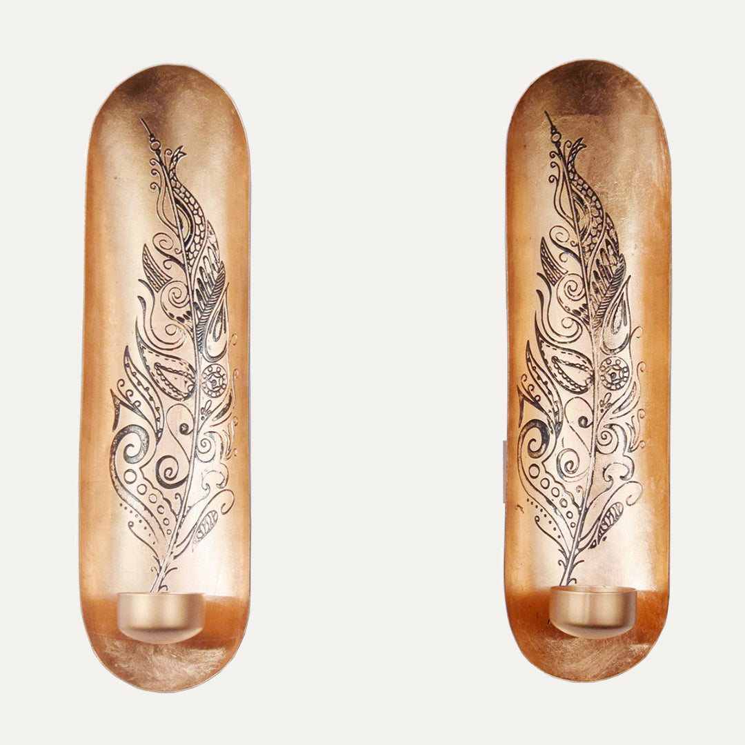 Copper and Gold Wall Candle Sconces with Feather Design - Decozen