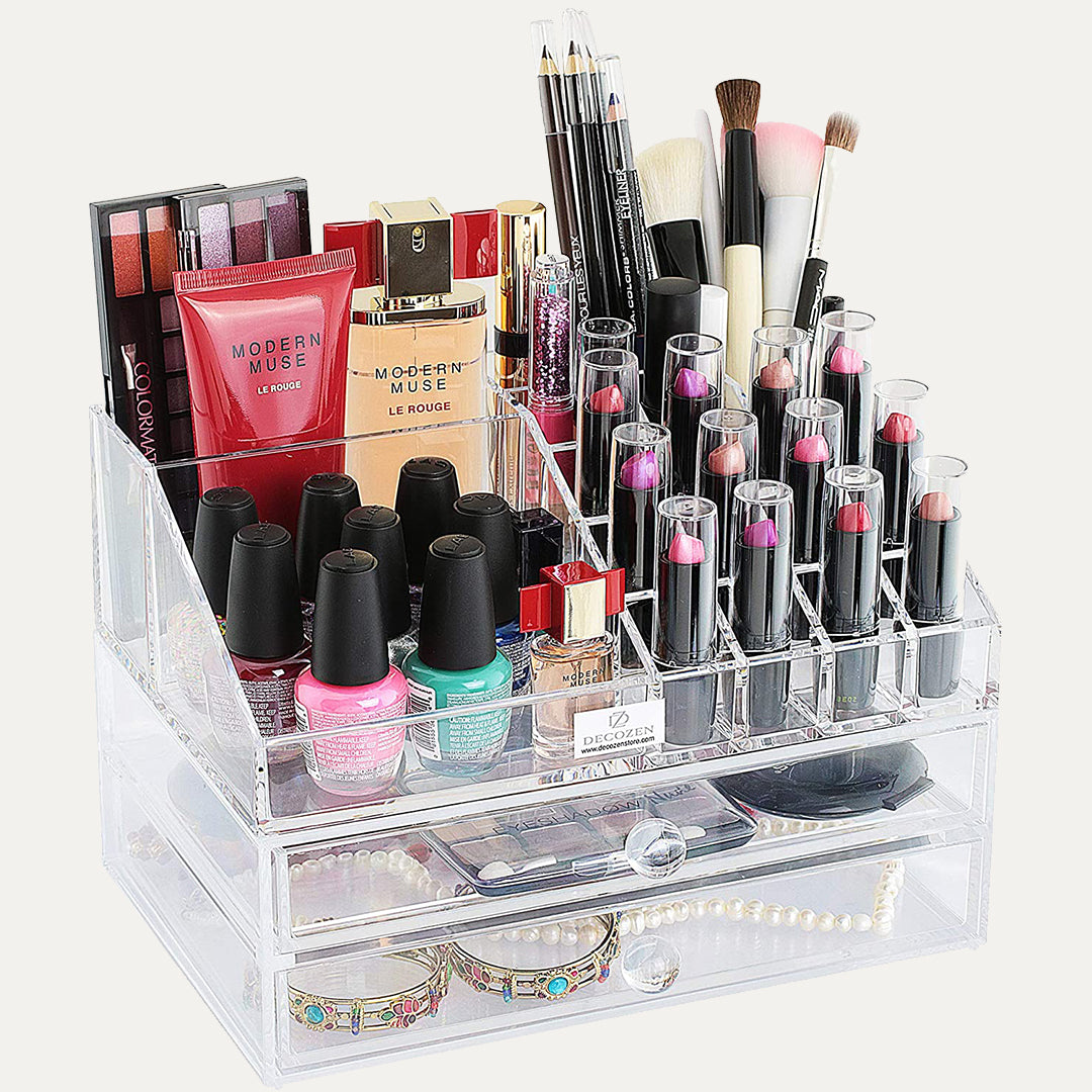 Clear Makeup Organizers - 19 Slots and 2 Drawers - Decozen