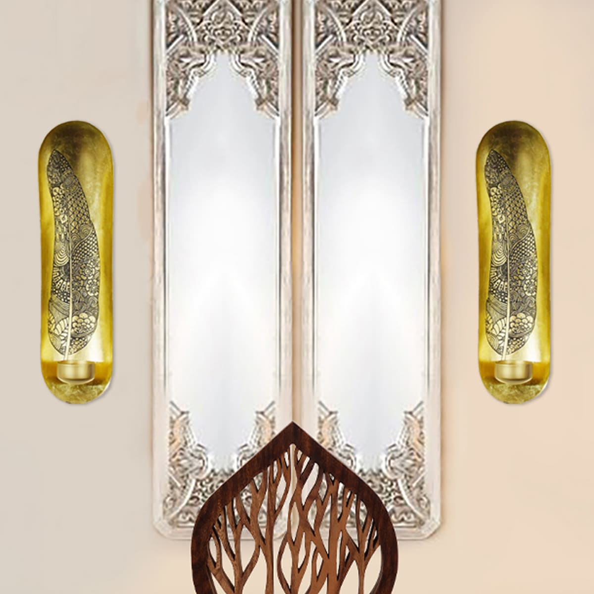 Gold Wall Candle Sconces with Feather Design - Set of 2 - Decozen