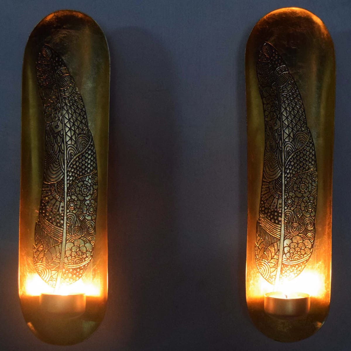 Copper and Gold Wall Candle Sconces with Feather Design - Decozen