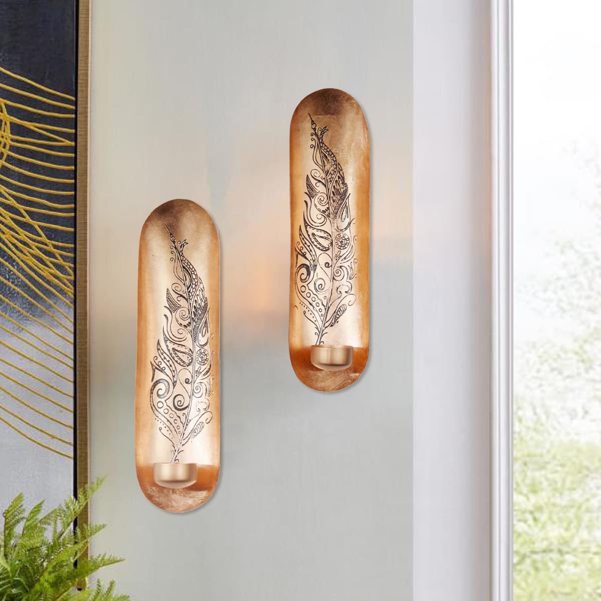 Copper and Gold Wall Candle Sconces with Feather Design - Decozen