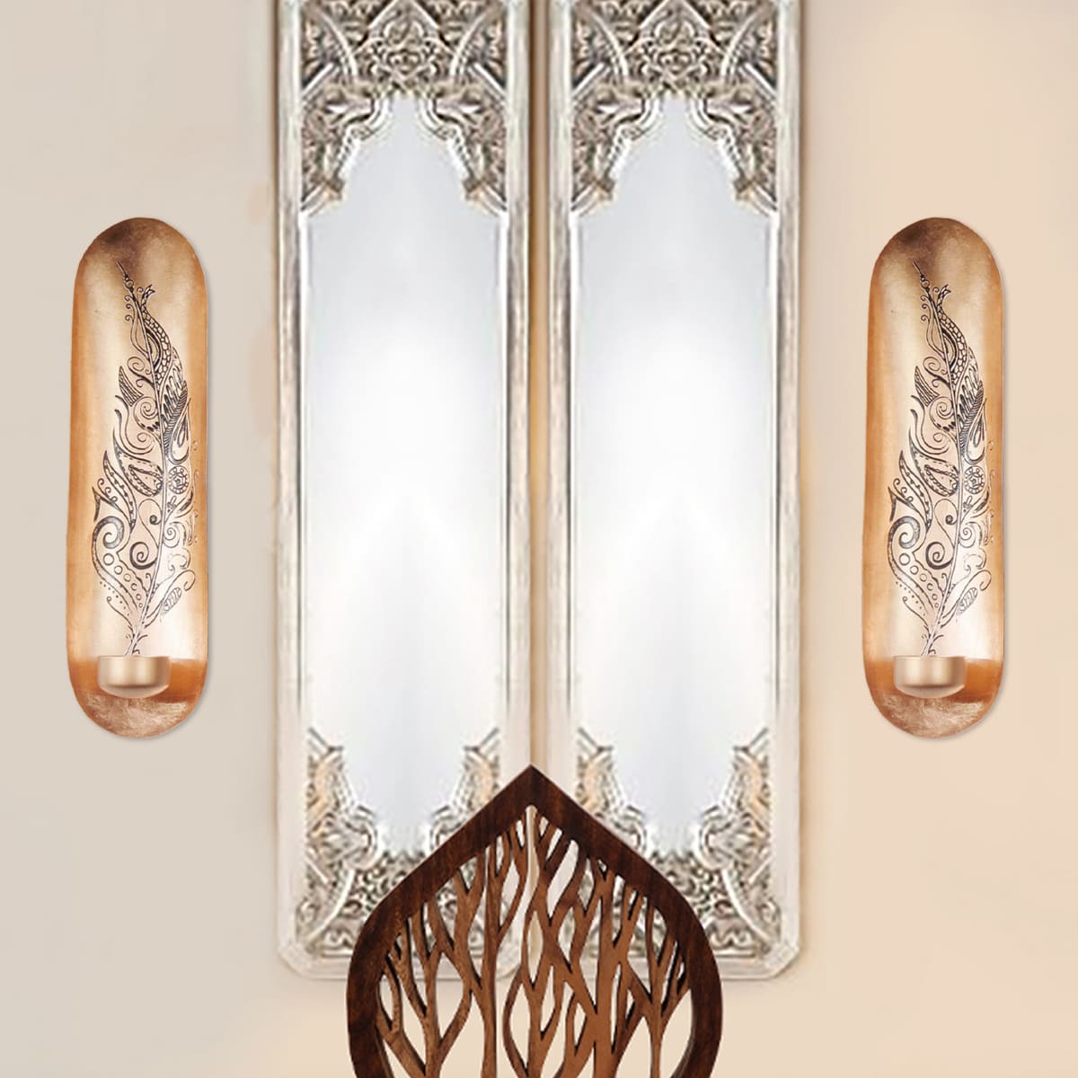 Copper and Gold Wall Candle Sconces with Feather Design - Decozen