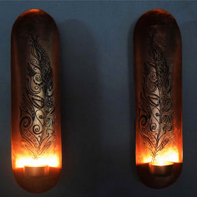 Copper and Gold Wall Candle Sconces with Feather Design - Decozen