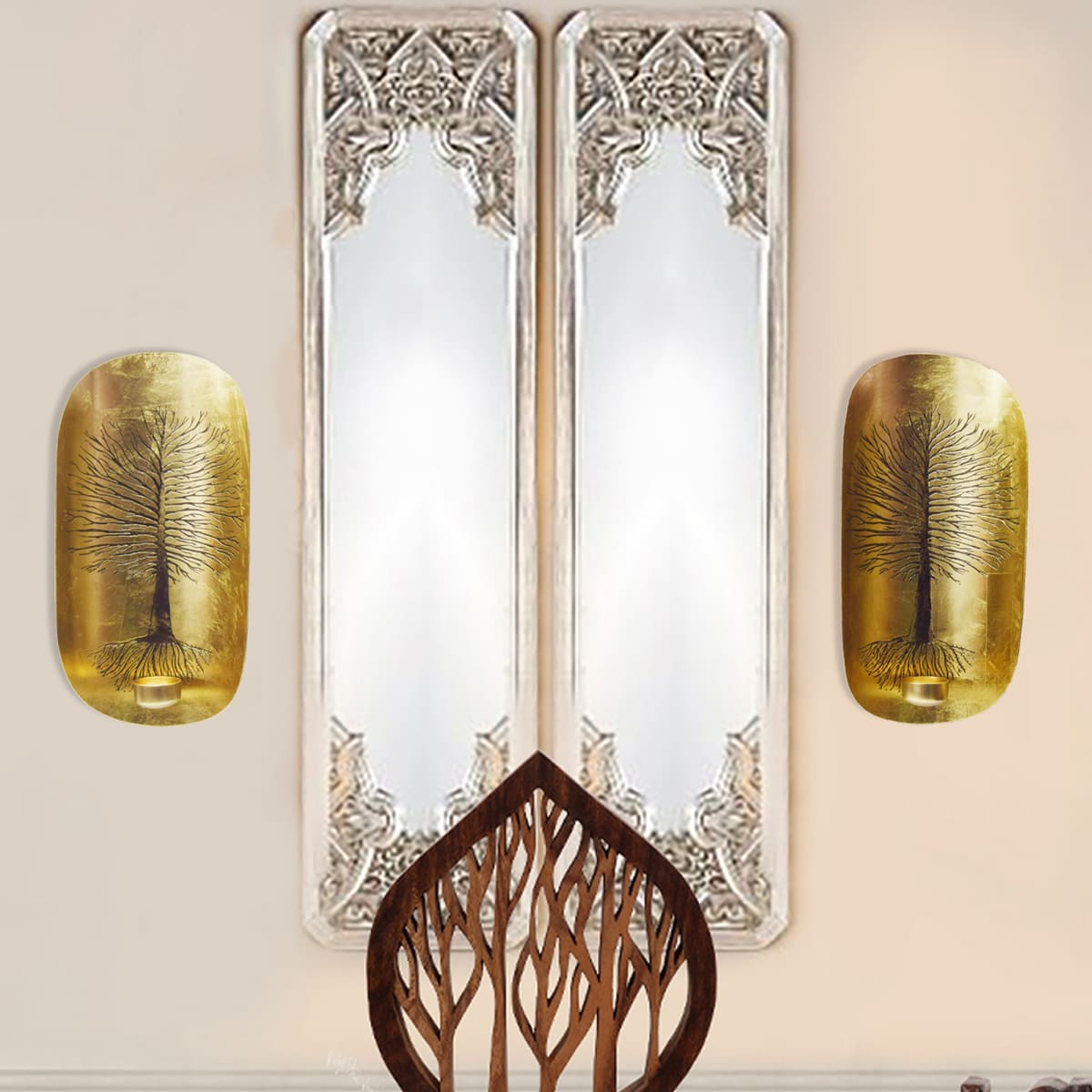 Copper and Gold Wall Candle Sconces with Tree of Life Design - Decozen