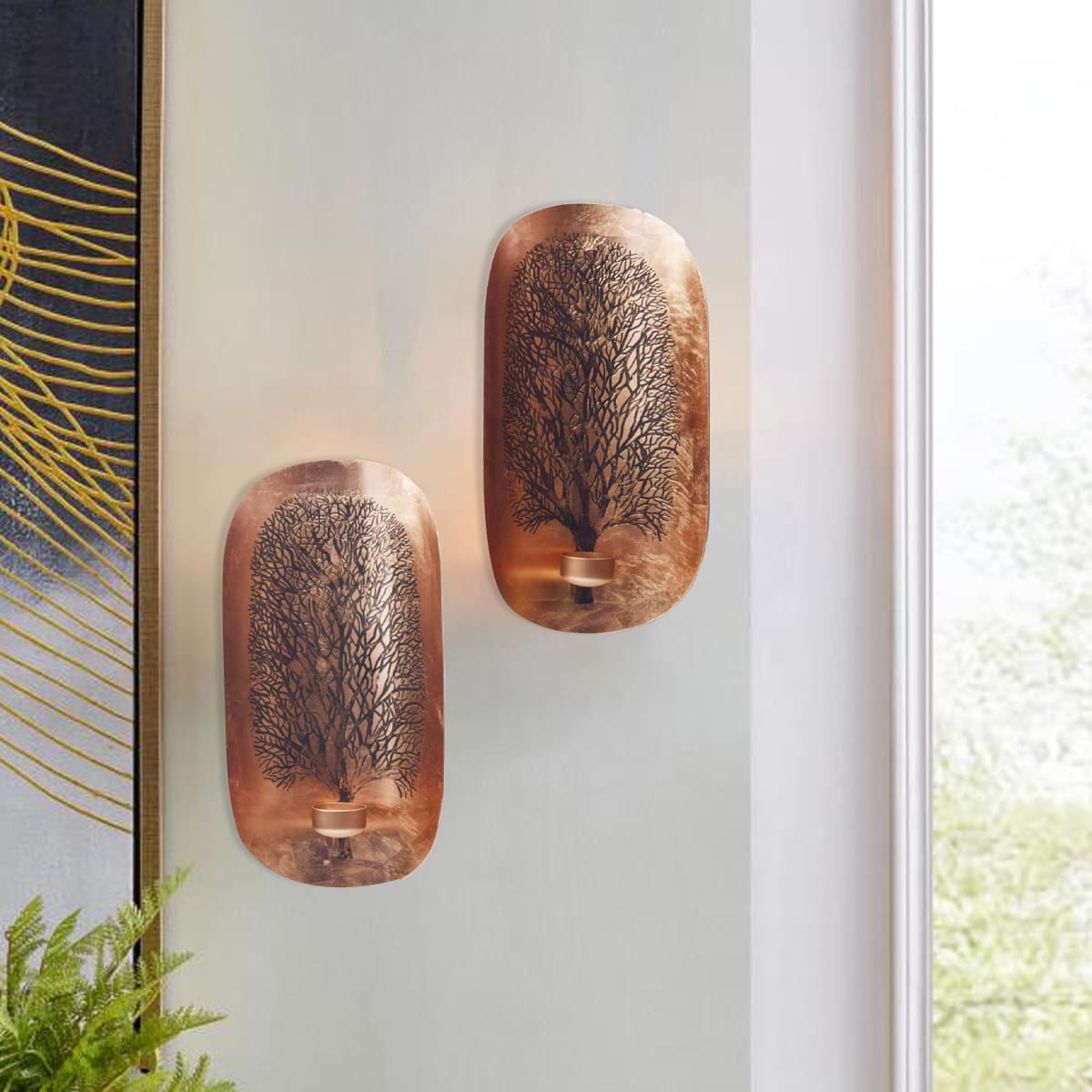 Copper and Gold Wall Candle Sconces with Tree of Life Design - Decozen