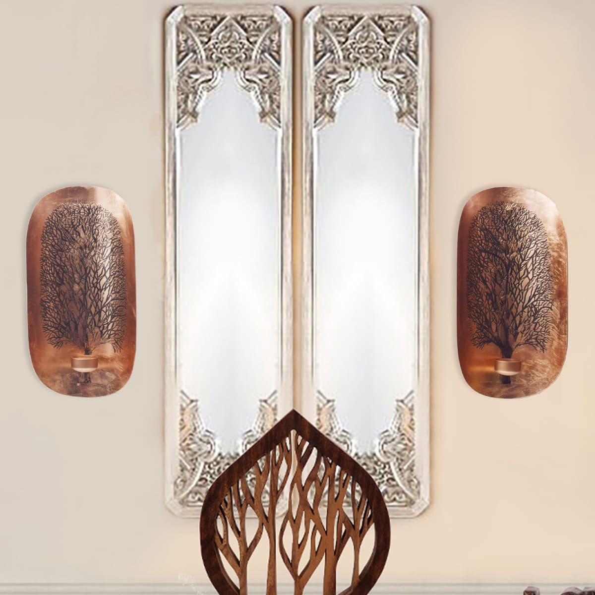 Copper and Gold Wall Candle Sconces with Tree of Life Design - Decozen