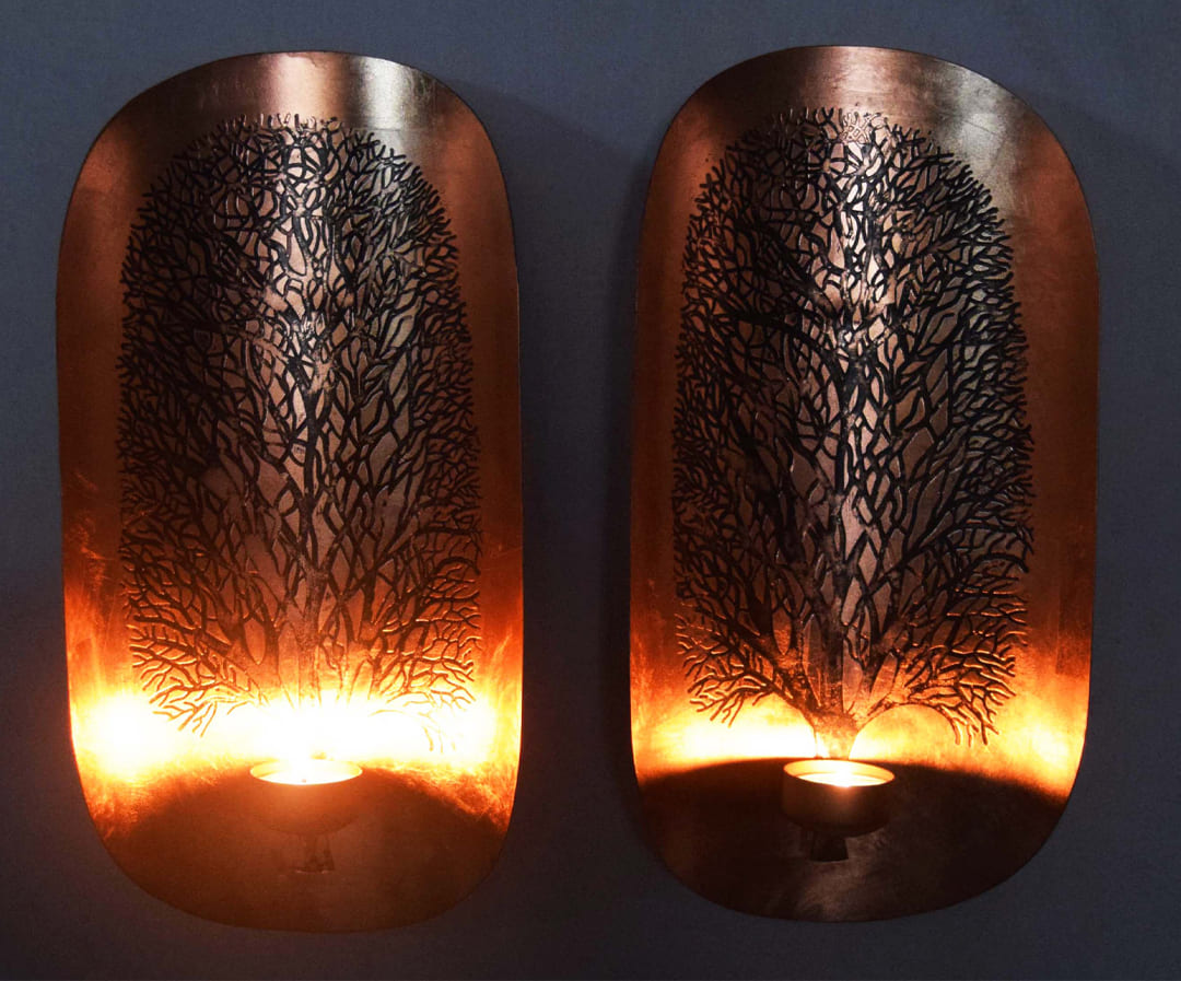 Copper and Gold Wall Candle Sconces with Tree of Life Design - Decozen