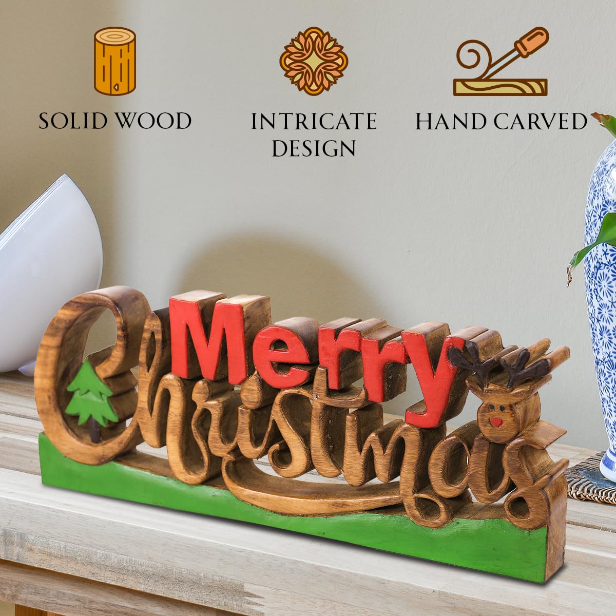 Merry Christmas Handmade Wooden Sculpture - Decozen