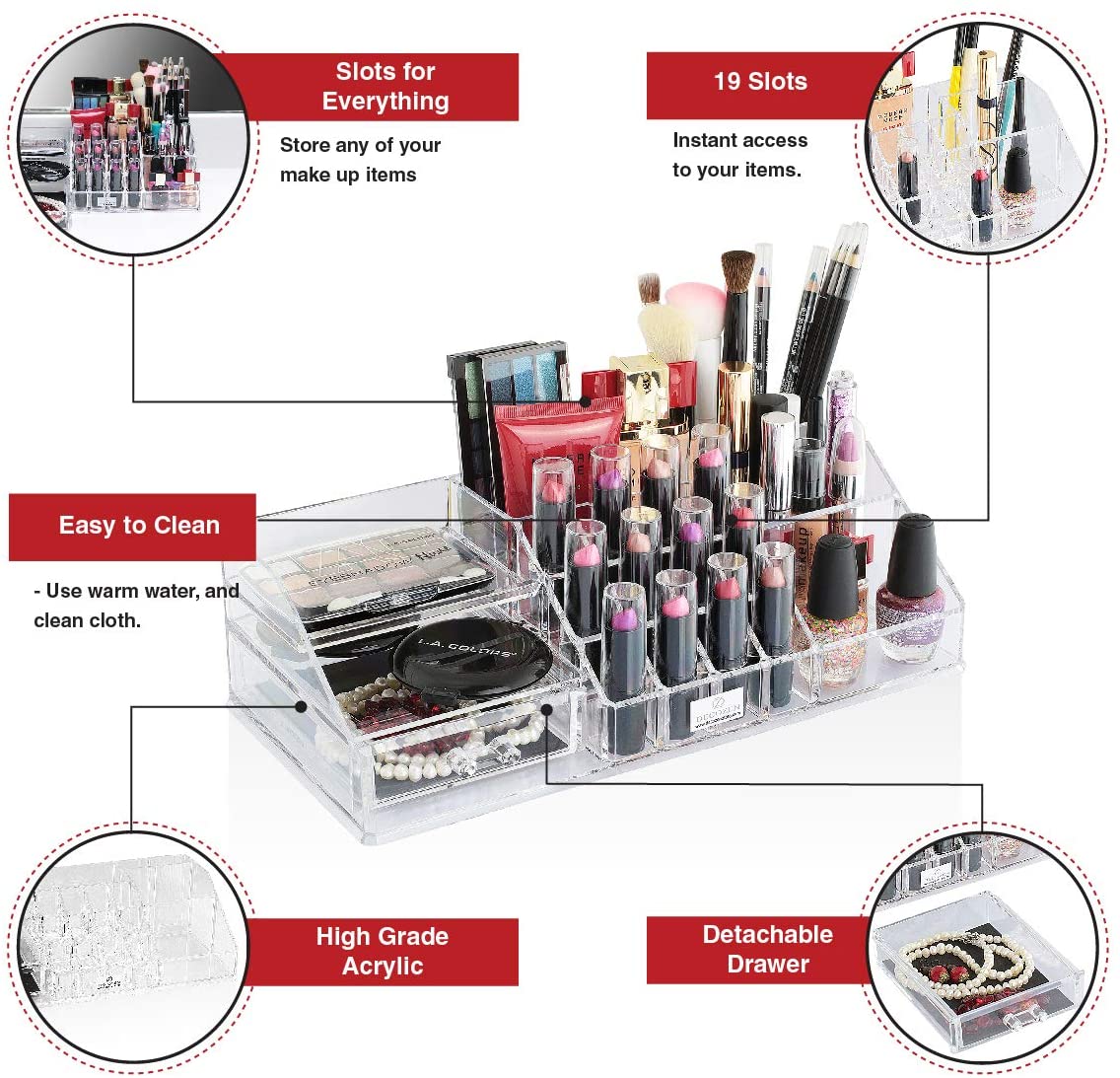 Clear Makeup Organizers - 19 Slots and 1 Drawer - Decozen